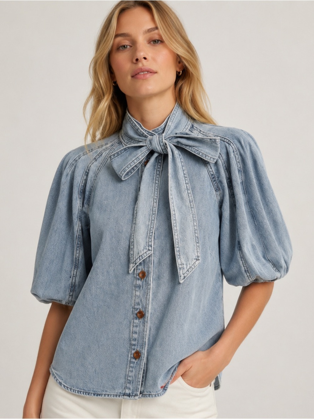 Bailey 44 denim button down puff sleeve Top NWT size Small